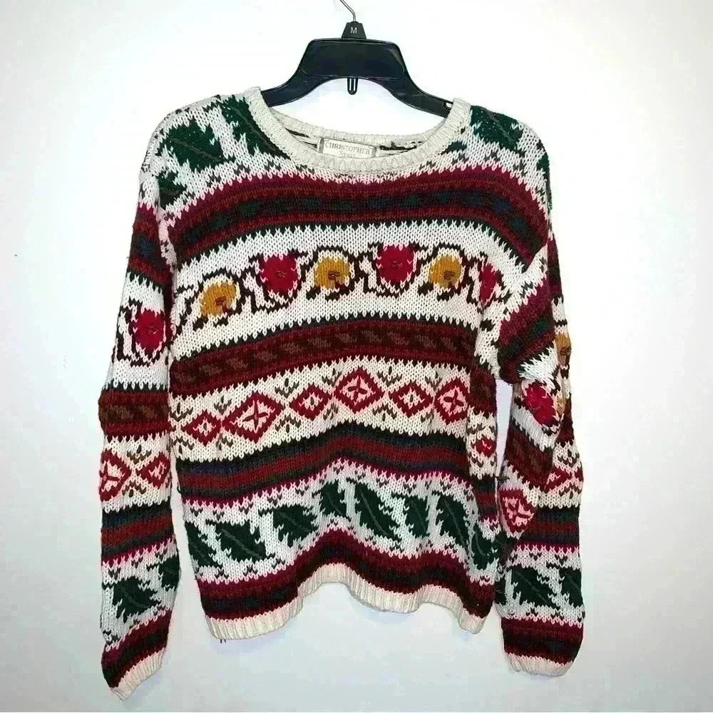 Vintage Christopher Sport Chunky Patterned Cotton Grandpa Sweater Large - Picture 2 of 10